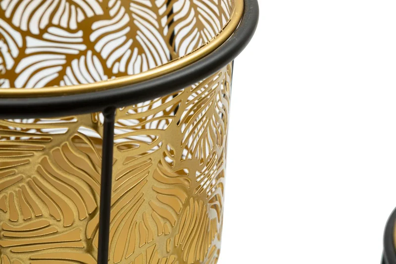 Pots de fleurs en métal doré motif feuilles avec supports