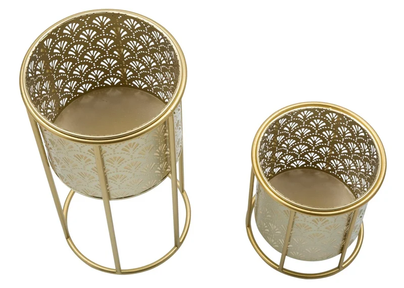 Pots de fleurs ronds en métal doré avec support