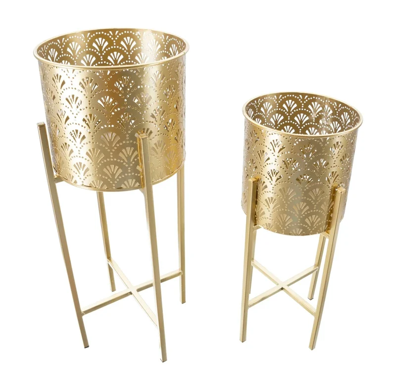 Pots de fleurs ronds en métal doré avec support