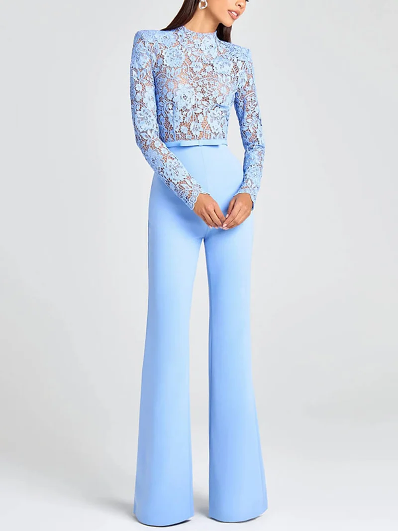 Elegant Party Charmer Flower Lace Patchwork Long Sleeve Bow Belted Flare Jumpsuit