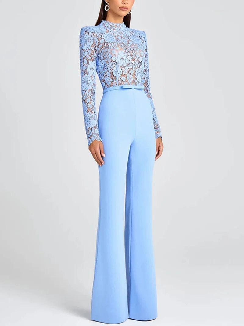 Elegant Party Charmer Flower Lace Patchwork Long Sleeve Bow Belted Flare Jumpsuit