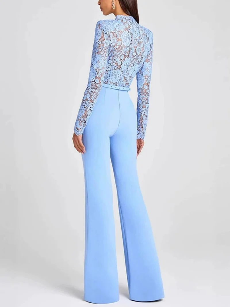 Elegant Party Charmer Flower Lace Patchwork Long Sleeve Bow Belted Flare Jumpsuit