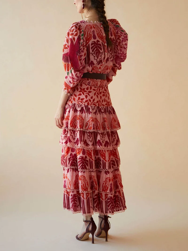 Vibrant Bird Floral Print Puff Sleeve Shirt