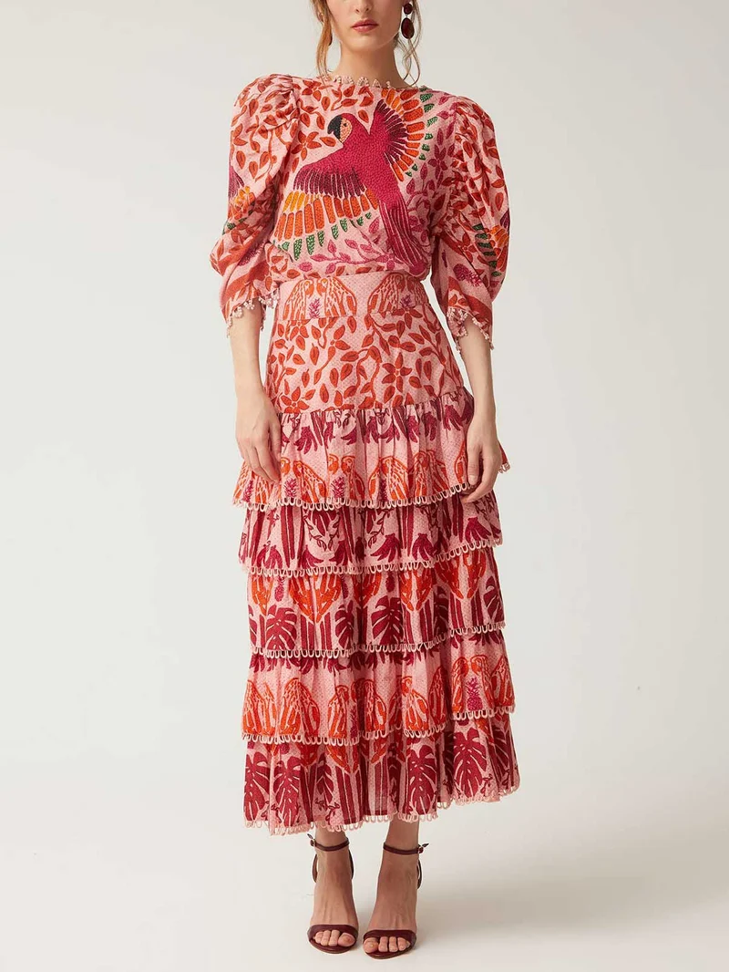 Vibrant Bird Floral Print Puff Sleeve Shirt