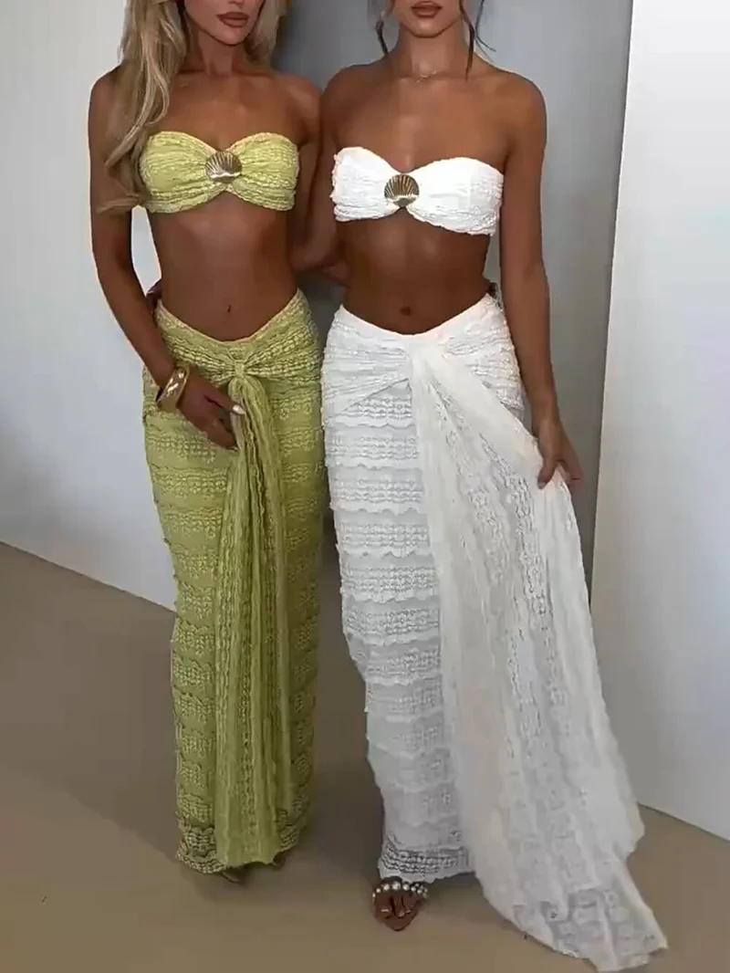 Elegant Strapless Shell-Embellished Top & Ruched Skirt Set
