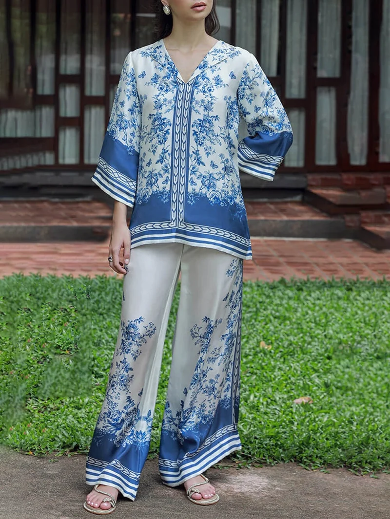 Classic Floral Print Patchwork Elastic Waist Wide-Leg Pants