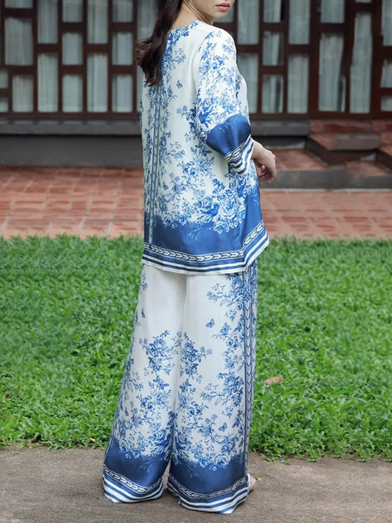 Classic Floral Print Patchwork Collared Loose Shirt