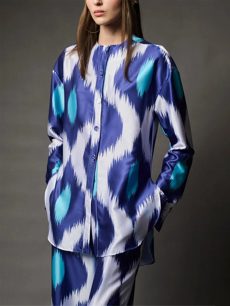Classic Satin Printed Oversized Button-Up Shirt