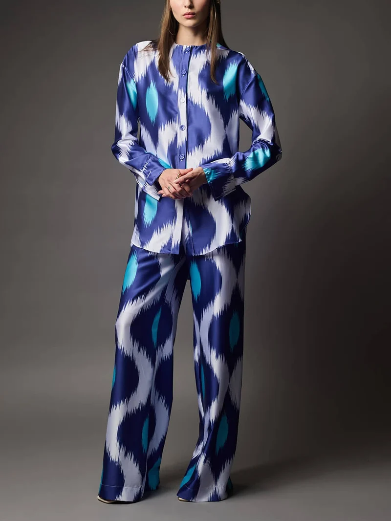 Classic Satin Printed With Elastic Waist & Pockets Wide-Leg Pants