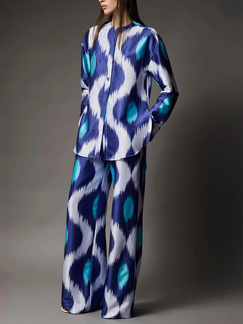Classic Satin Printed With Elastic Waist & Pockets Wide-Leg Pants