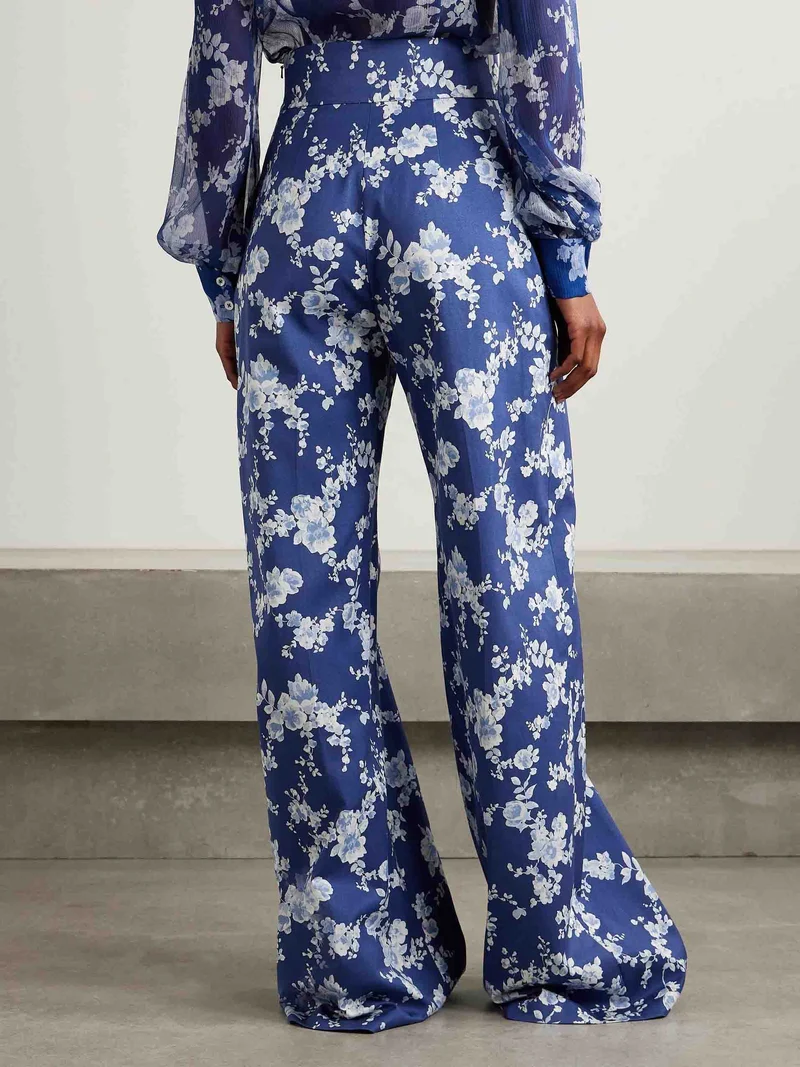 Exquisite Floral Print Twill Wide-leg Pants