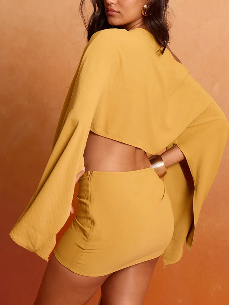 Flowy Asymmetrical Off-Shoulder Flared Sleeve Crop Top