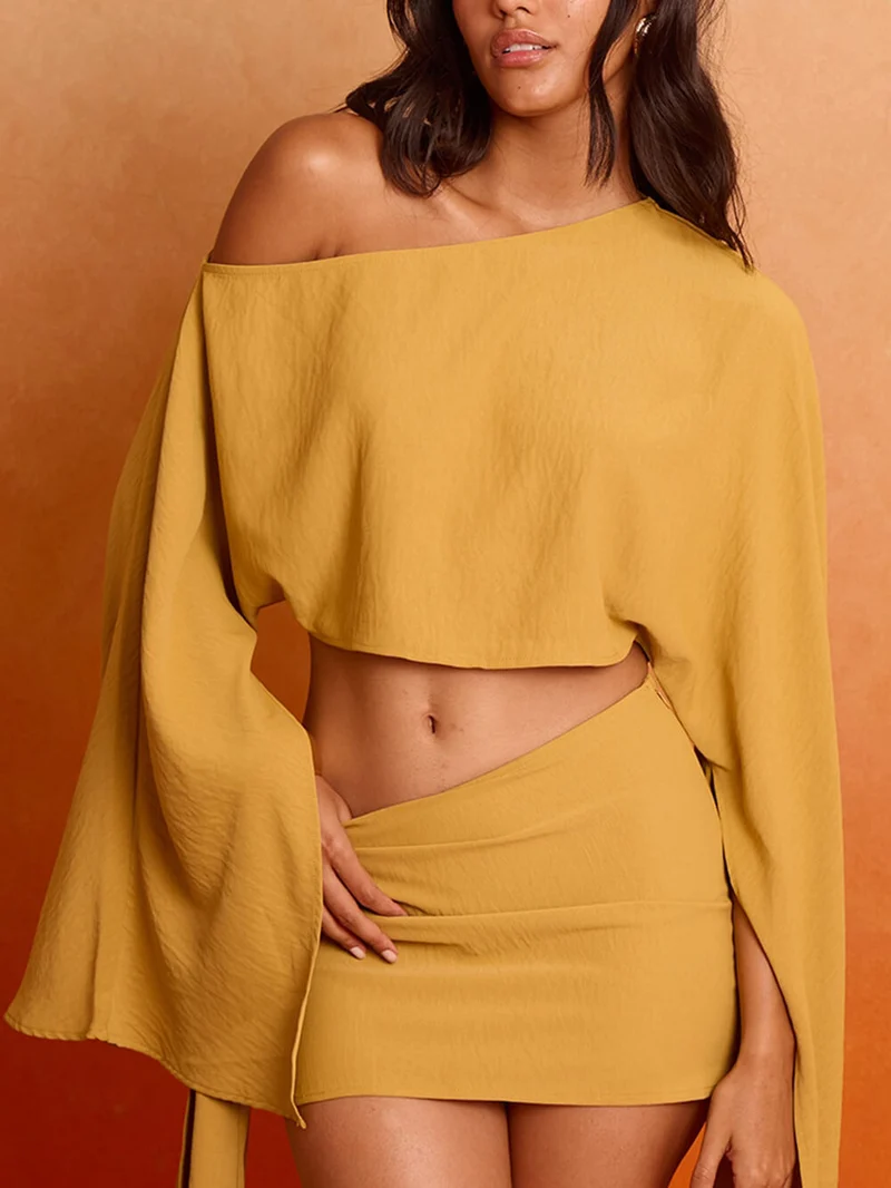Flowy Asymmetrical Off-Shoulder Flared Sleeve Crop Top