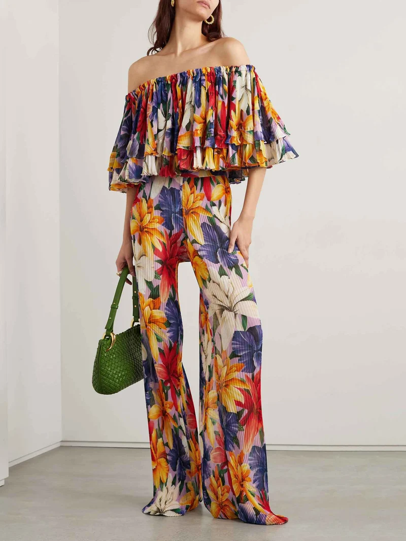Elegant Floral Print Pin-pleated Straight Pants