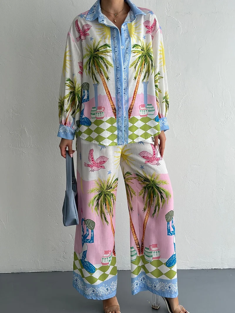 Unique Coastal Palm Tree Print Wide-Leg Pants