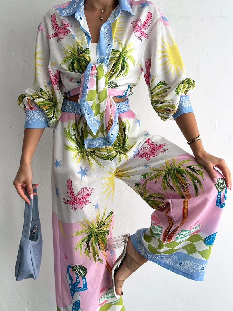 Unique Coastal Palm Tree Print Wide-Leg Pants