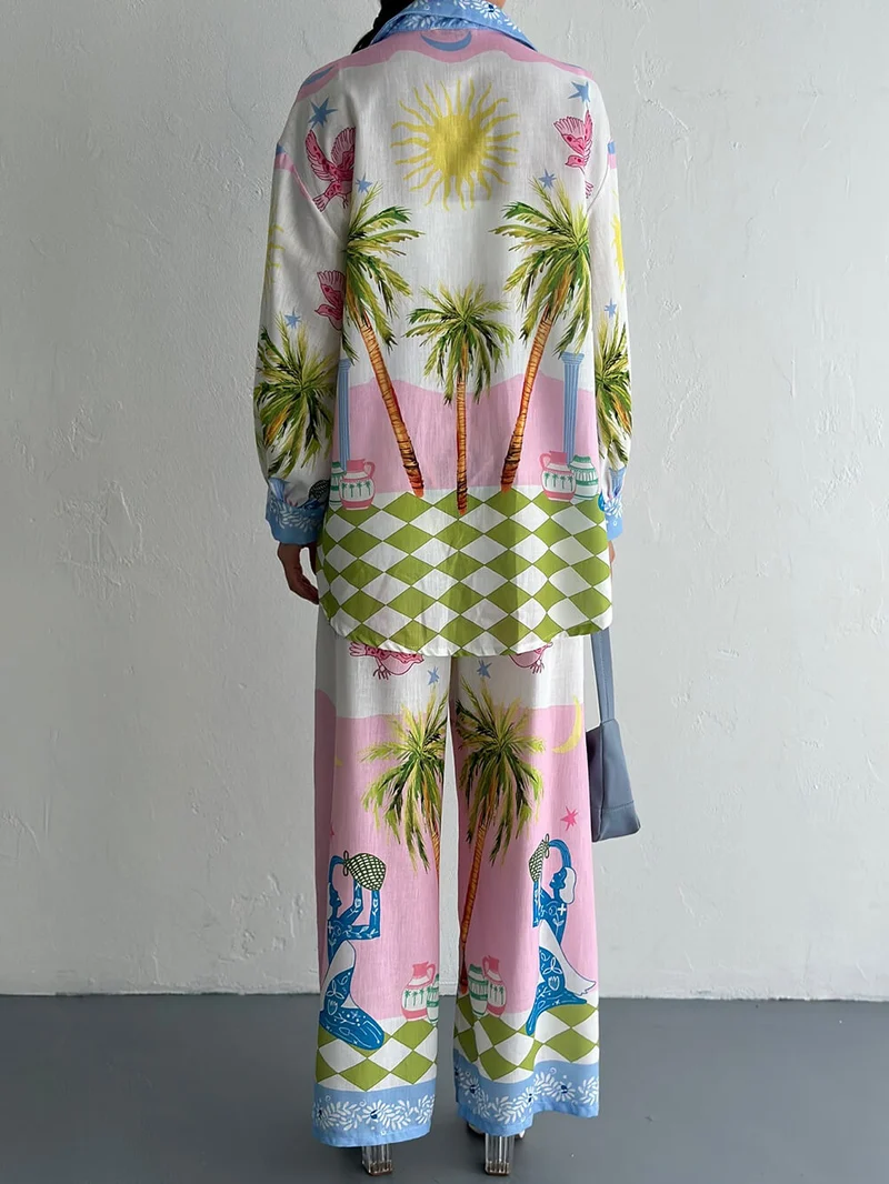 Unique Coastal Palm Tree Print Wide-Leg Pants