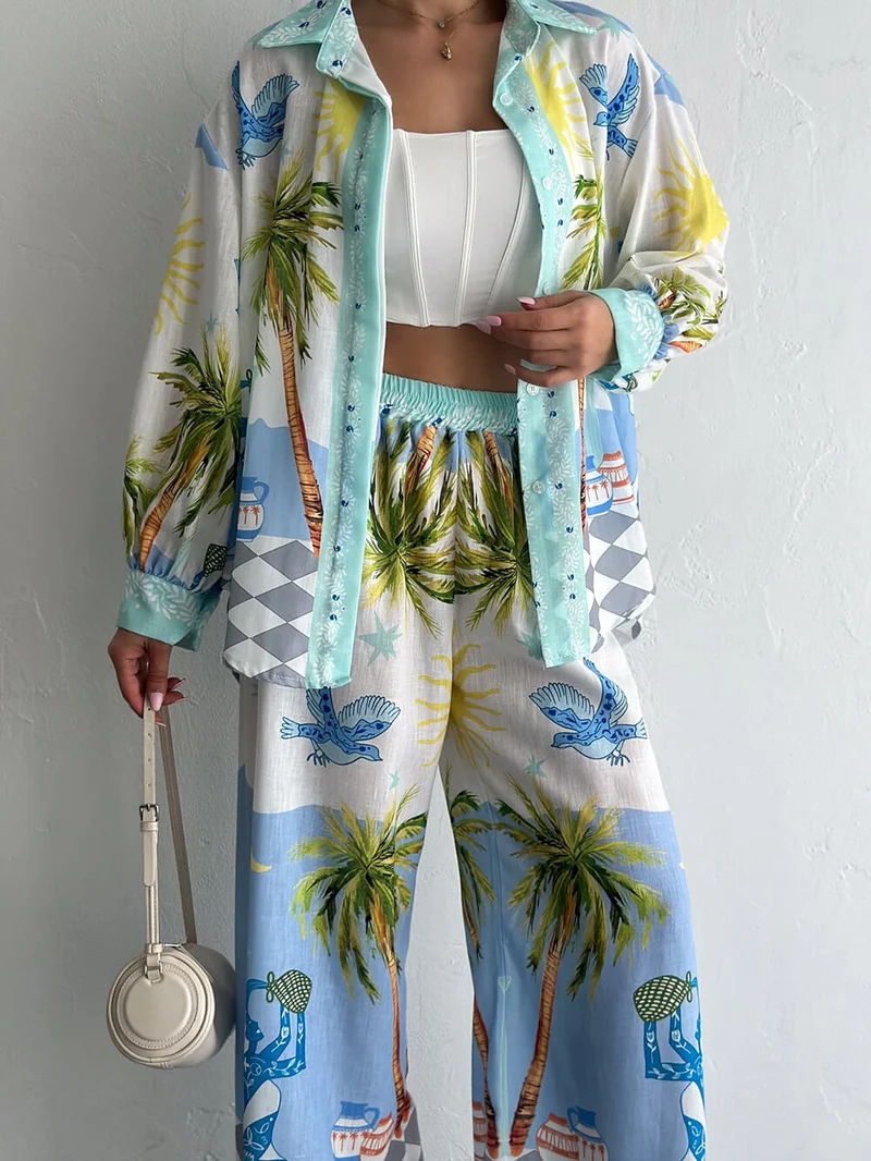Unique Coastal Palm Tree Print Wide-Leg Pants