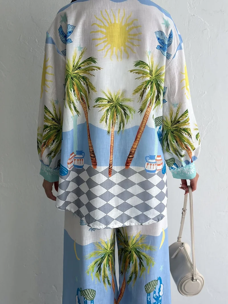 Unique Coastal Palm Tree Print Wide-Leg Pants