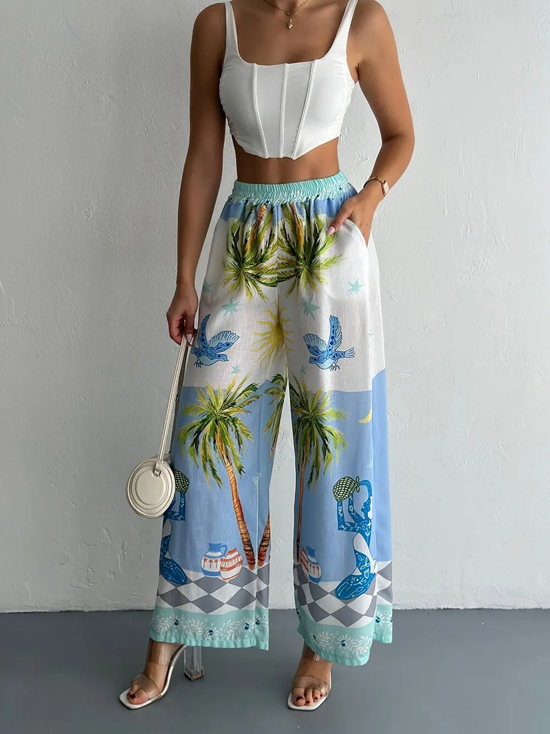 Unique Coastal Palm Tree Print Wide-Leg Pants