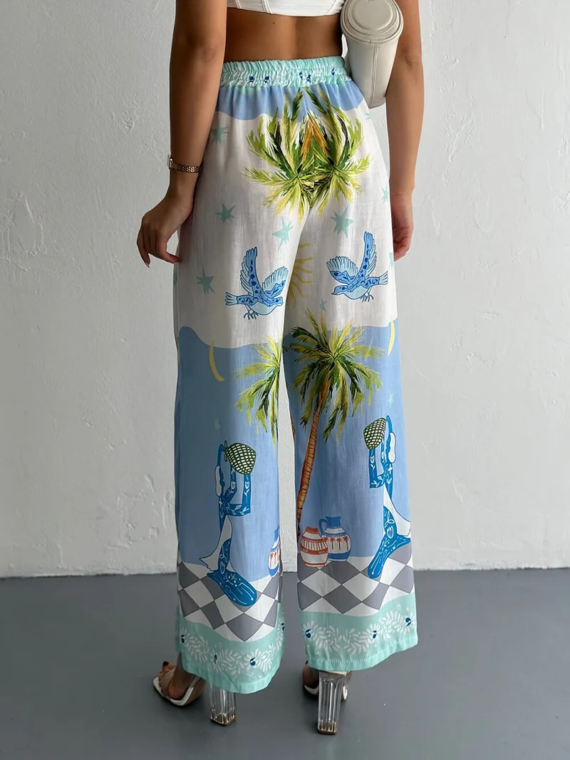 Unique Coastal Palm Tree Print Wide-Leg Pants