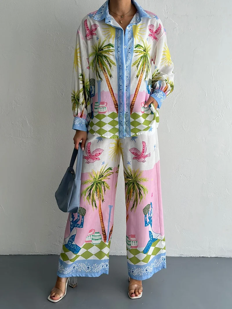Unique Seaside Palm Tree Print Loose Button-Down Oversized Shirt