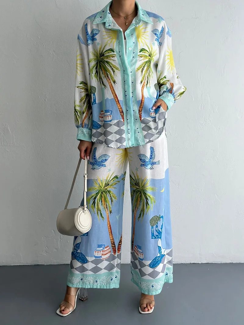 Unique Seaside Palm Tree Print Loose Button-Down Oversized Shirt