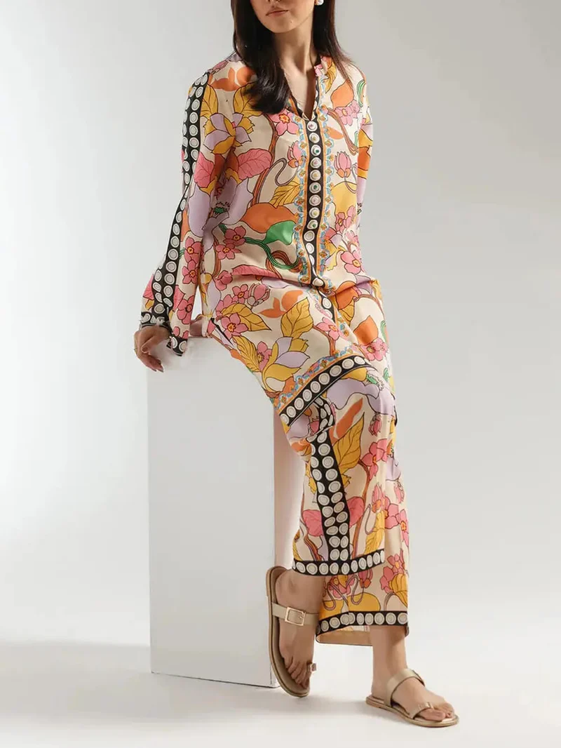 Bohemian Ethnic Print Colorblock Wide-Leg Pants