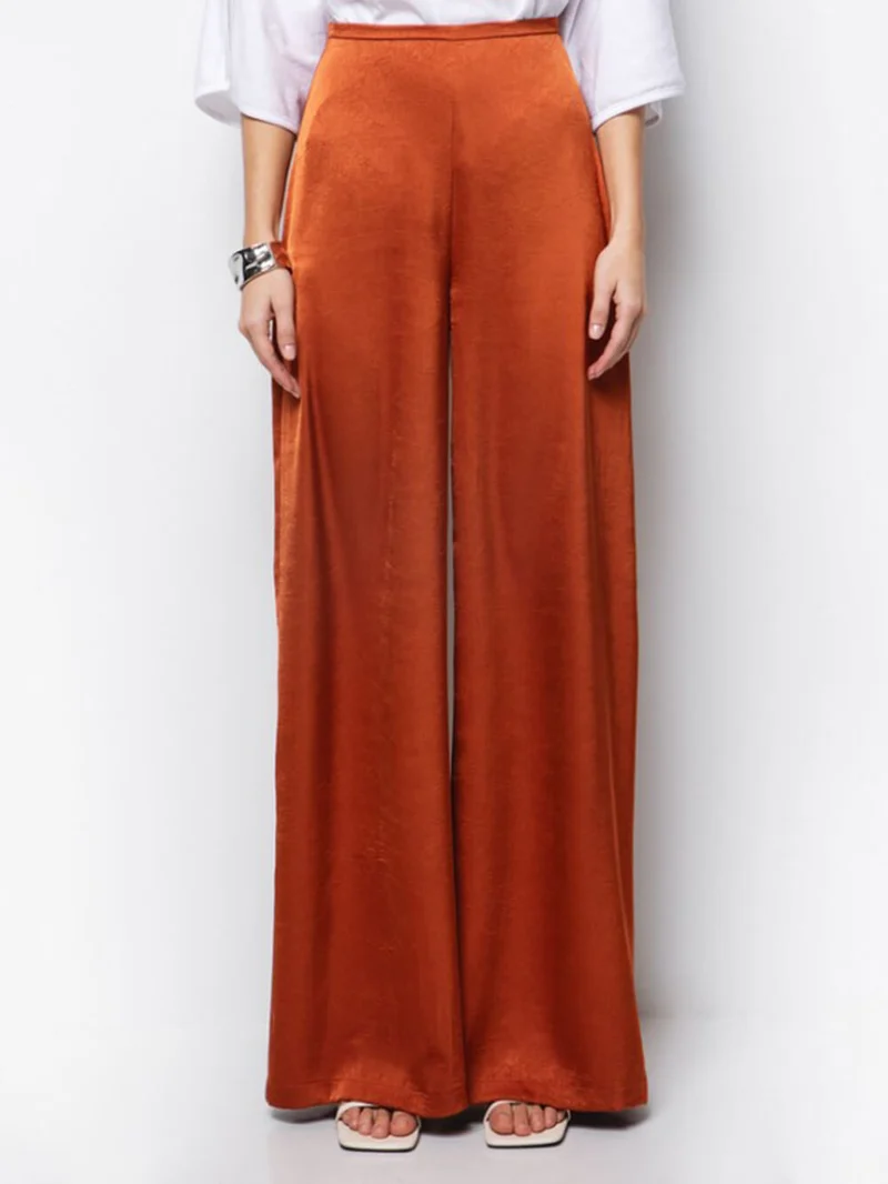 Elegant Pleated Satin High-Waisted Wide-Leg Pants