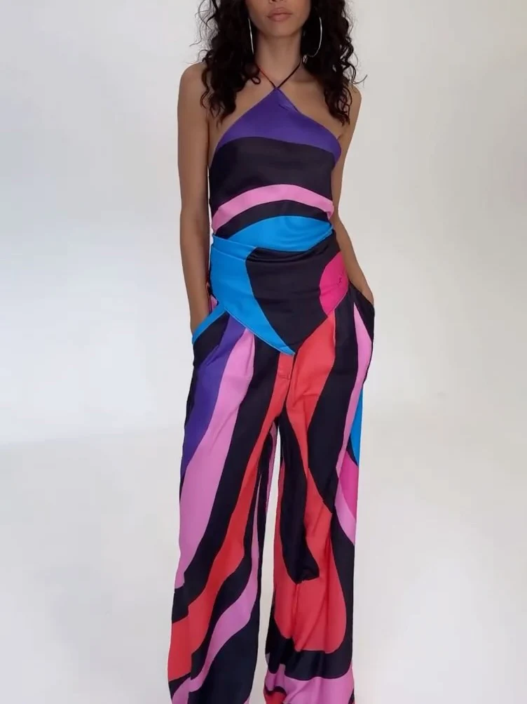 Vibrant Geometric Colorblock Backless Two-piece Suit