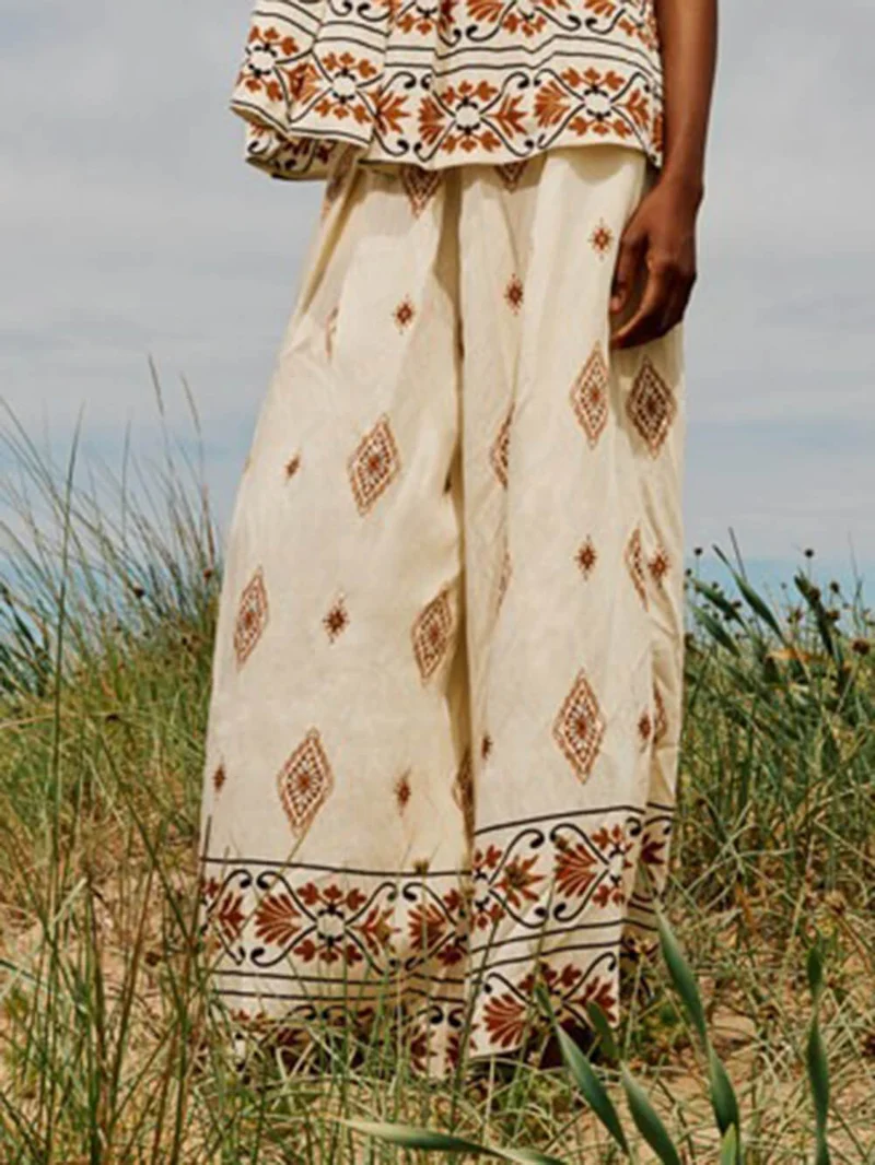 Retro Ethnic Print Loose With Pockets Elastic Wide-Leg Pants