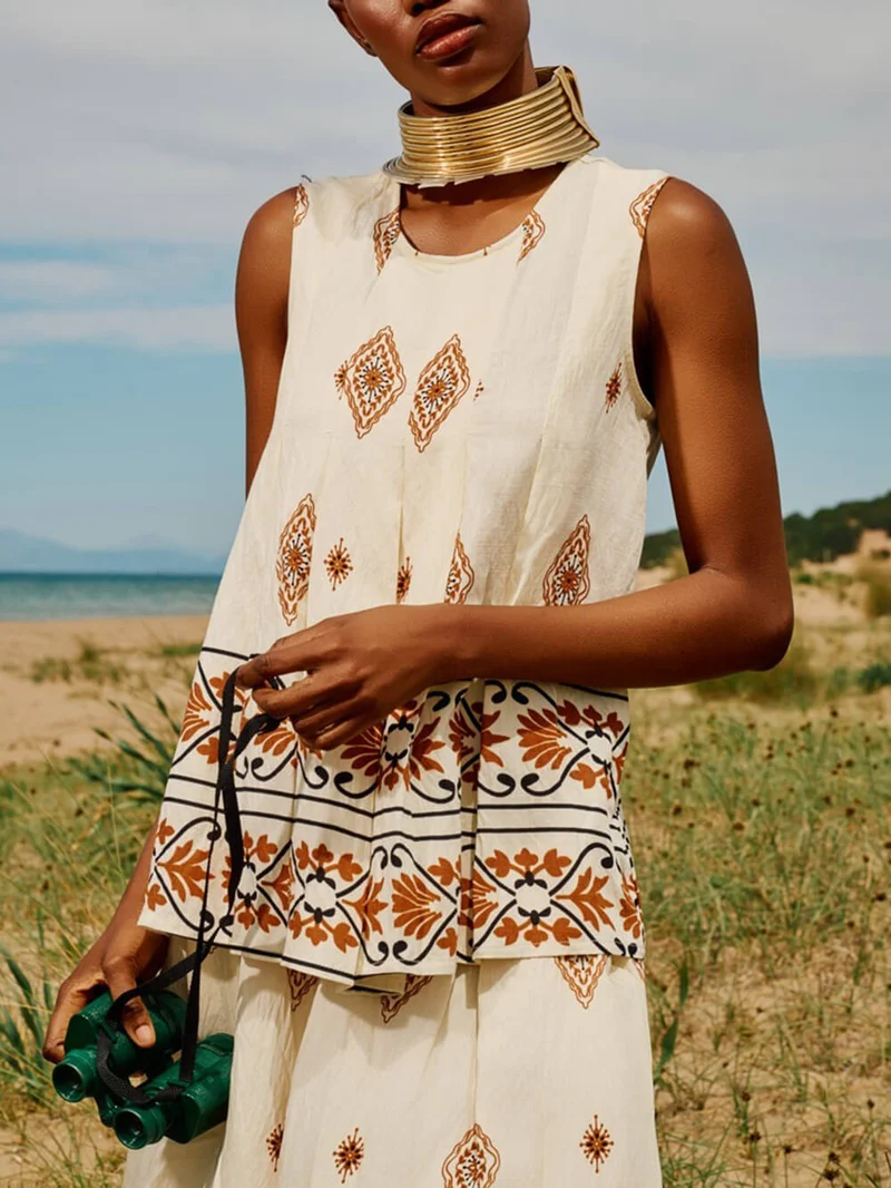 Retro Ethnic Print Loose With Pockets Elastic Wide-Leg Pants