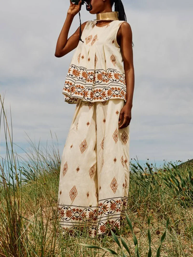 Retro Ethnic Print Loose With Pockets Elastic Wide-Leg Pants