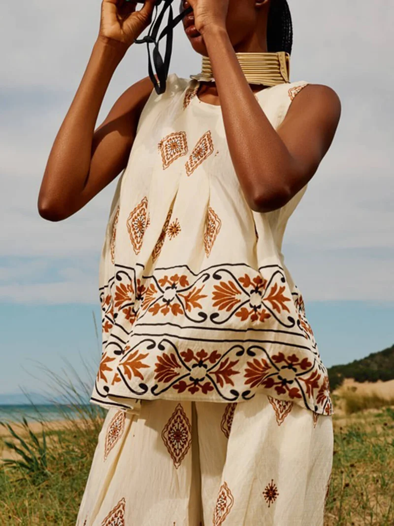 Retro Ethnic Print Loose With Pockets Elastic Wide-Leg Pants