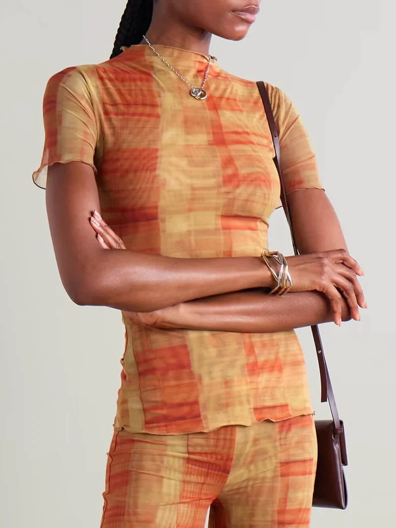 Unique Plaid Print Stretch Mesh Straight-Leg Pants