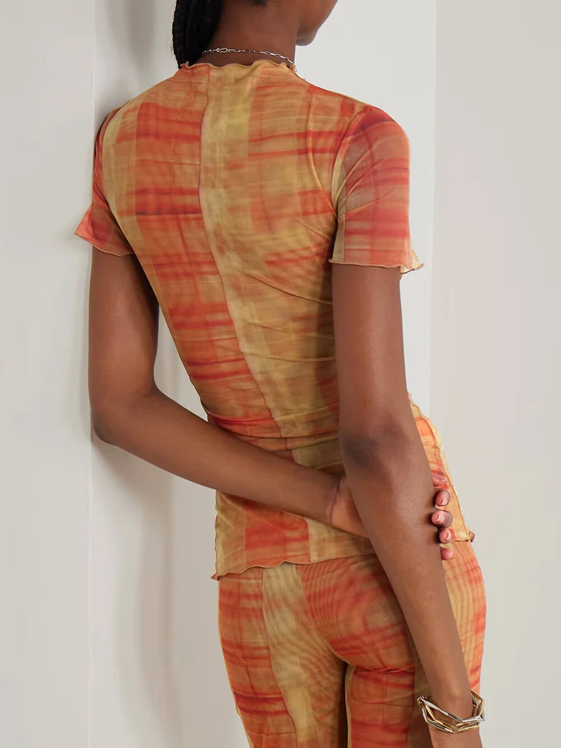 Unique Plaid Print Stretch Mesh Straight-Leg Pants