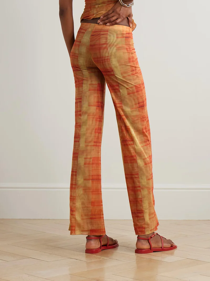 Unique Plaid Print Stretch Mesh Straight-Leg Pants