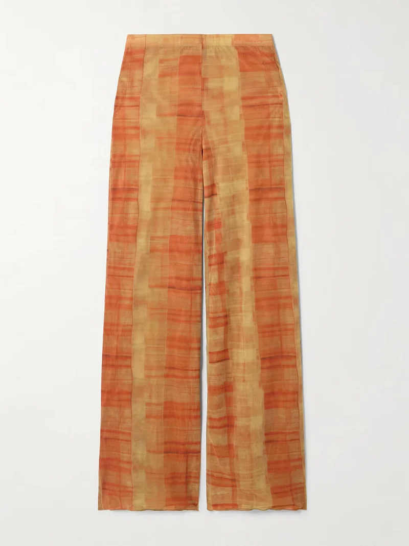 Unique Plaid Print Stretch Mesh Straight-Leg Pants