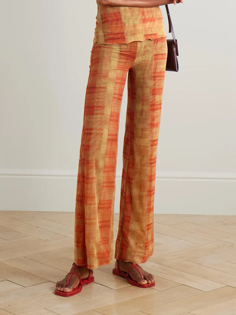 Unique Ruched Plaid Print Stretch Mesh T-Shirt