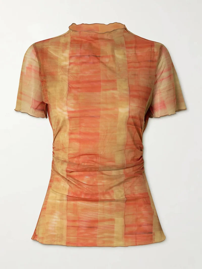 Unique Ruched Plaid Print Stretch Mesh T-Shirt