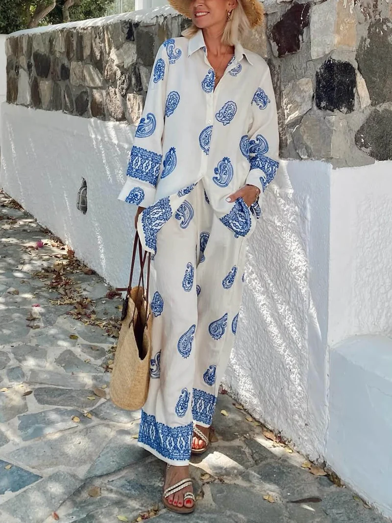 Unique Ethnic Pattern Print Oversized Button-Up Shirt