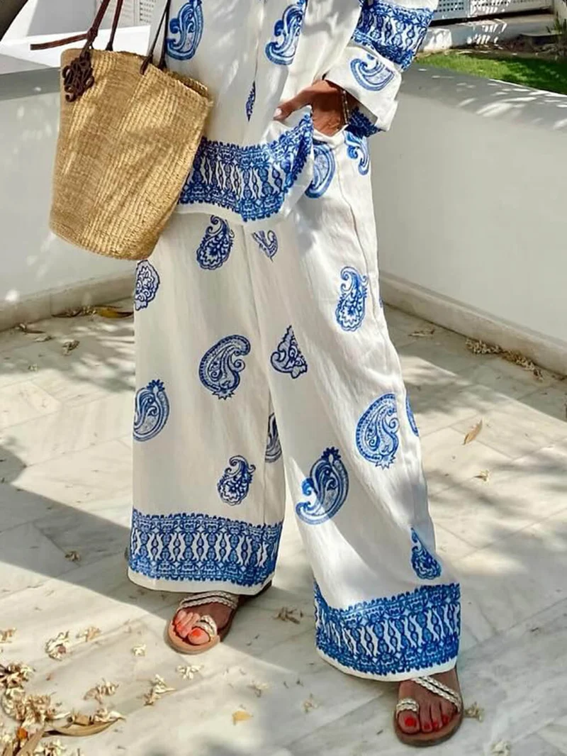 Unique Ethnic Pattern Print Oversized Button-Up Shirt