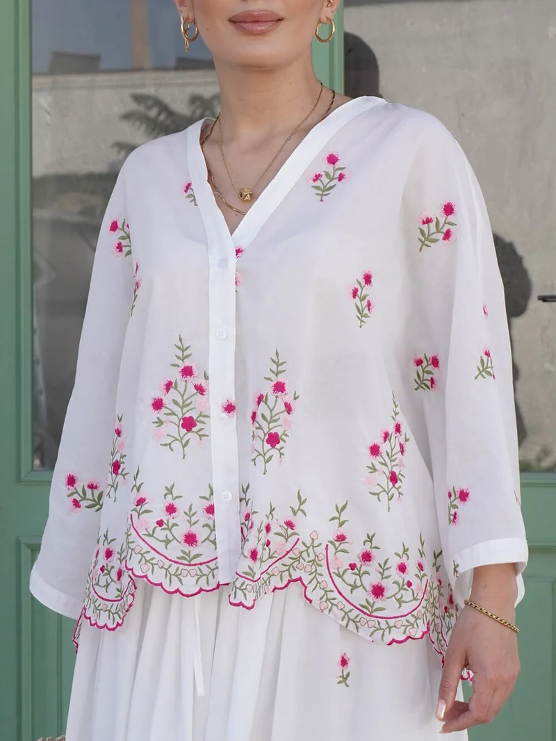 Delicate Floral Embroidered Ruffle Blouse