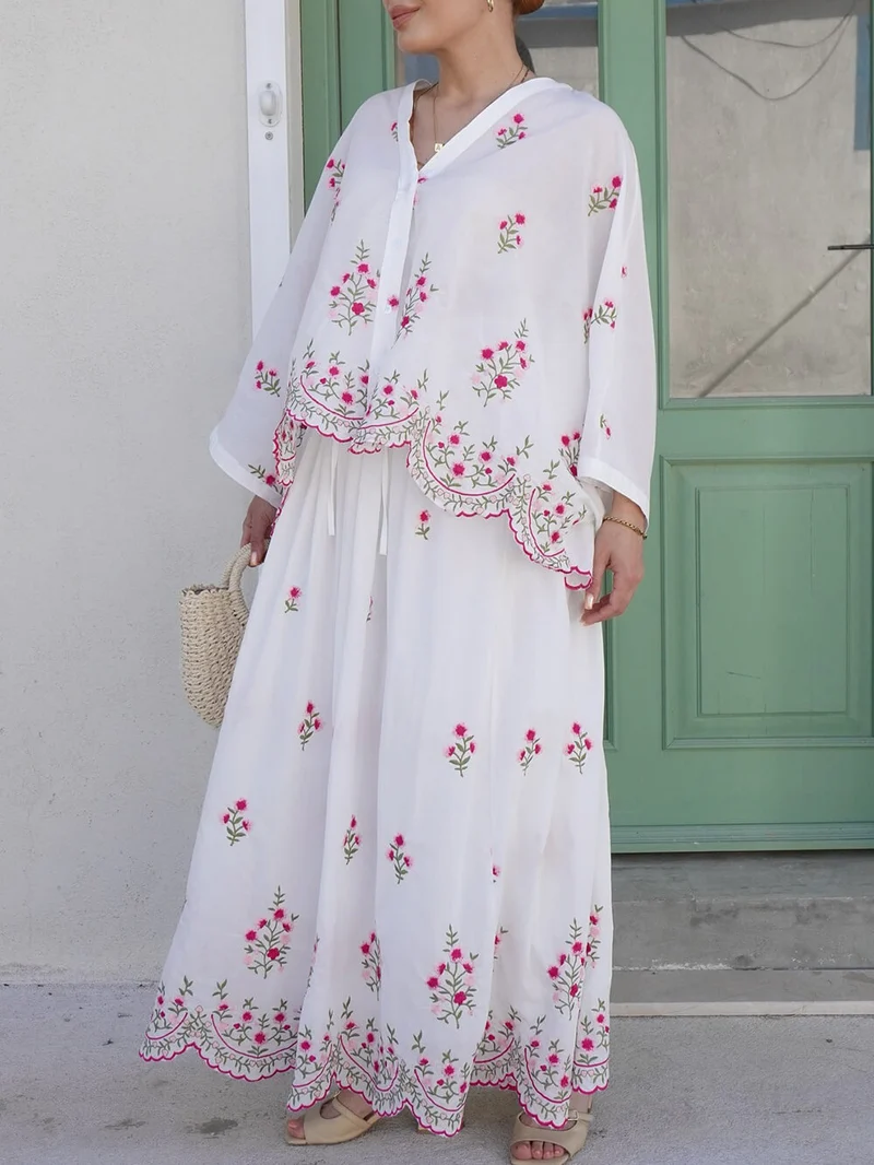 Delicate Floral Embroidered Ruffle Blouse