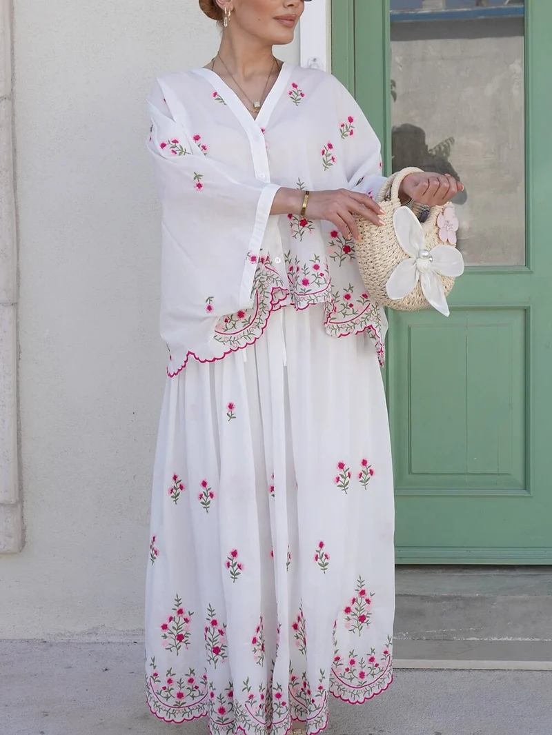 Delicate Floral Embroidered Ruffle Blouse