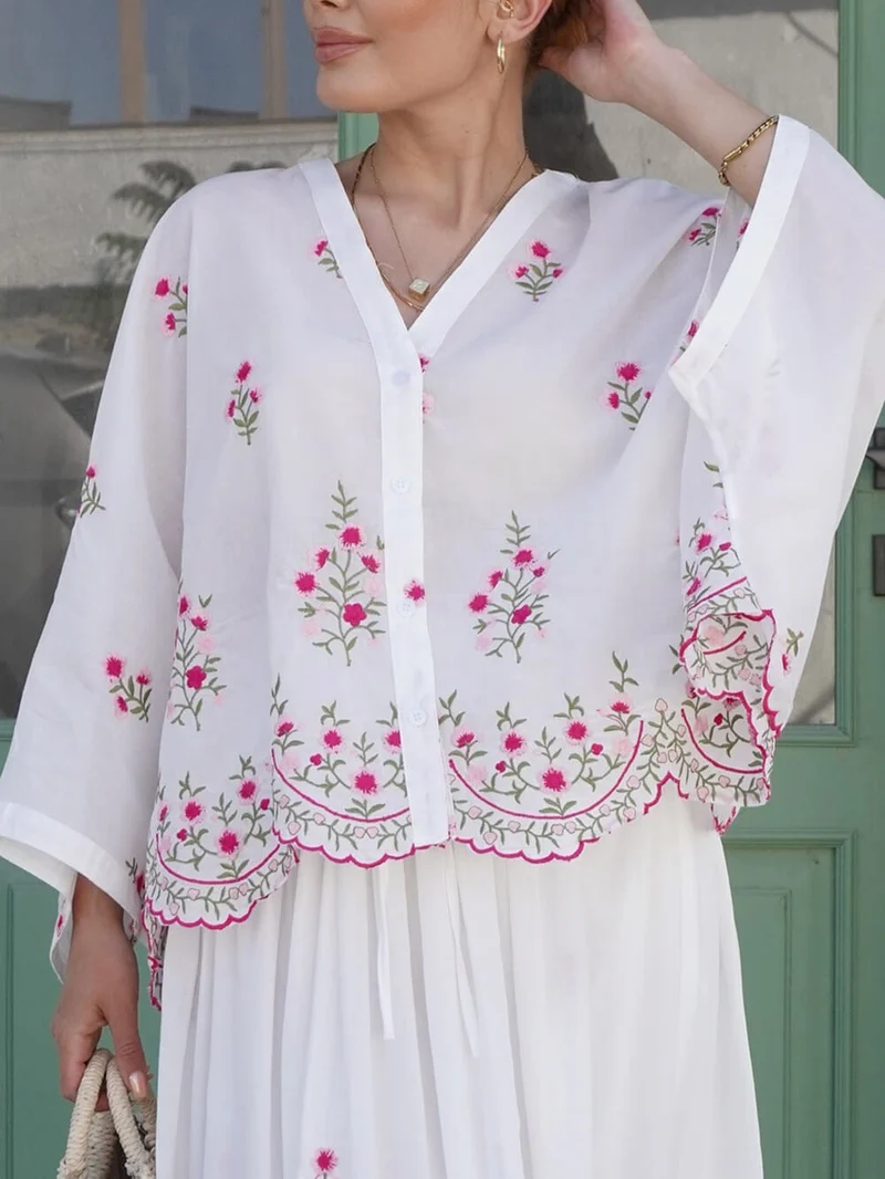 Delicate Floral Embroidered Ruffle Blouse