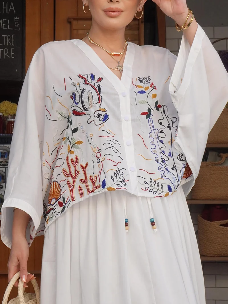 Elegant Embroidered Print Lined Button-Up Shirt