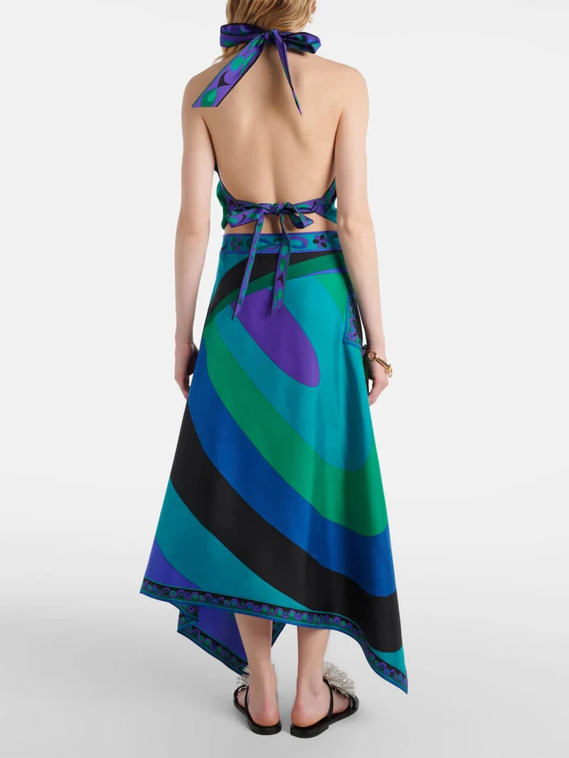Retro Irregular Satin Print Halter Neck Lace-Up Tank Top