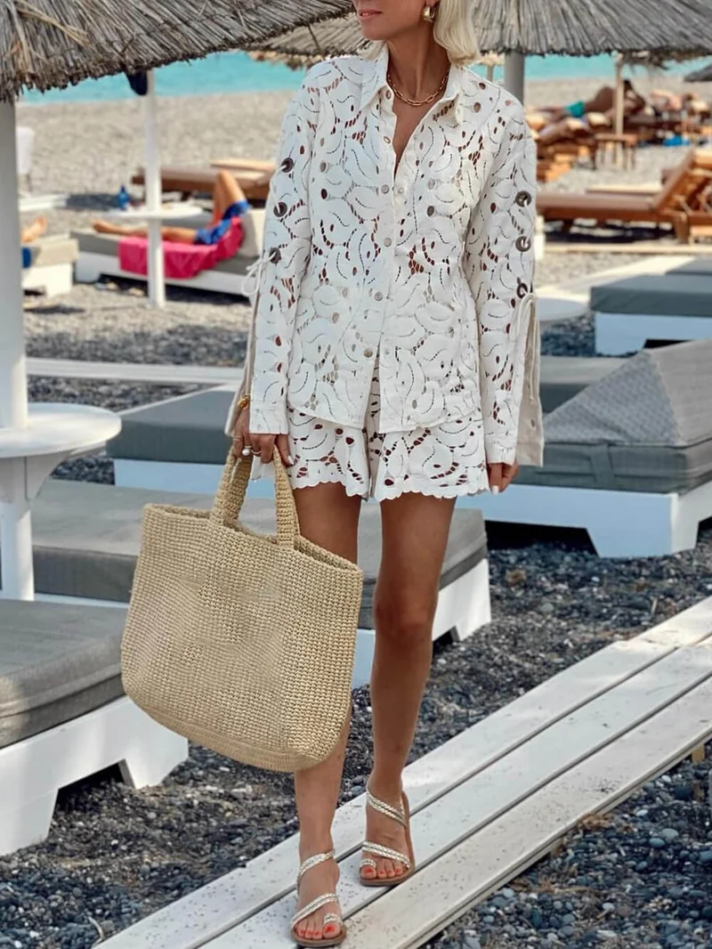 Vintage Exquisite Lace Crochet Slit Sleeve Top And Shorts Set