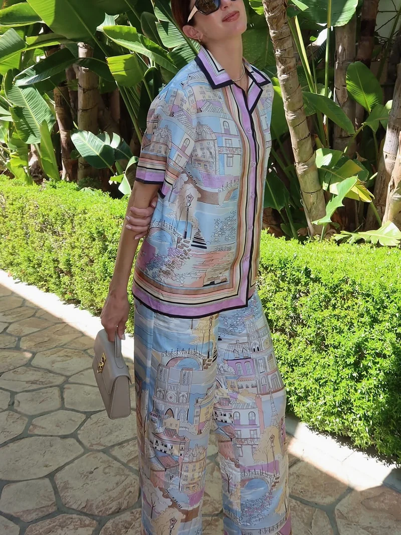 Unique Contrast Patchwork Print Loose Elastic Waist Pocket Wide Leg Pants